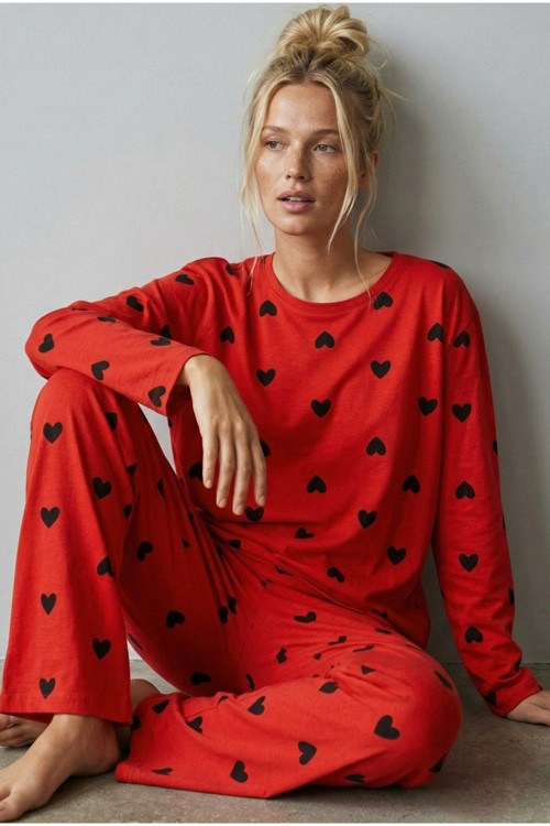narçiçeği siyah kalp baskılı Örme Pamuklu Pijama Takımı7613