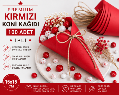 Premium Kırmızı Koni Kağıdı 100 Adet | İpli Hediyelik İkram ve Şeker Sunum Külahı