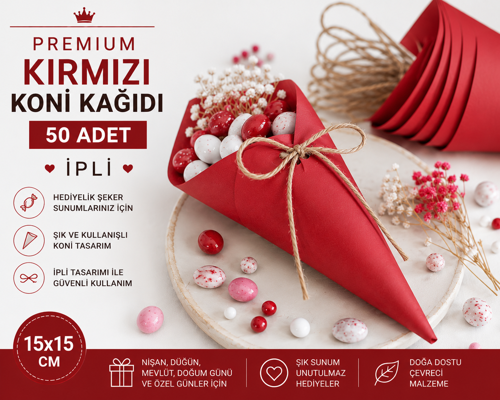 Premium Kırmızı Koni Kağıdı 50 Adet | İpli Hediyelik İkram ve Şeker Sunum Külahı