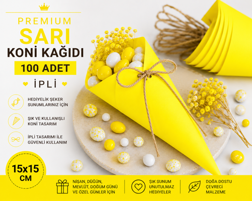Premium Sarı Koni Kağıdı 100 Adet | İpli Hediyelik İkram ve Şeker Sunum Külahı