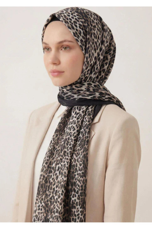 Leopar Desen Pamuklu Krem 90X200 Soft Şal