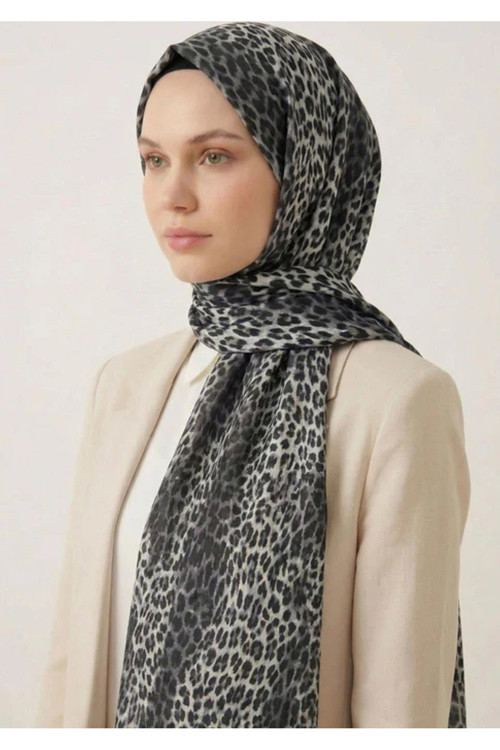 Leopar Desen Pamuklu Gri 90X200 Soft Şal