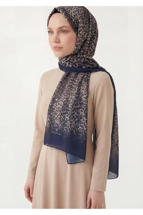 Leopar Desen Pamuklu Gece Mavisi 90X200 Soft Şal