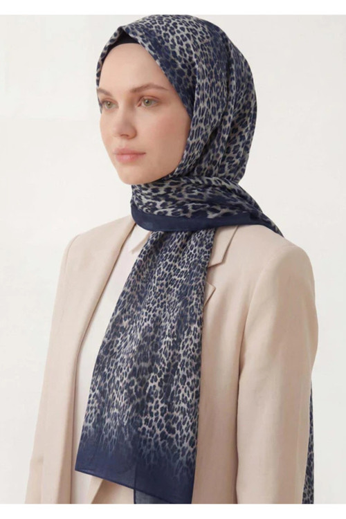 Leopar Desen Pamuklu Lacivert 90X200 Soft Şal