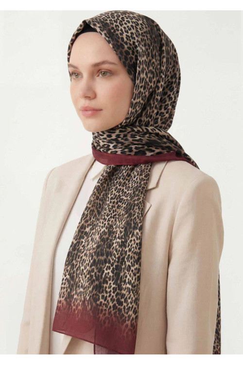 Leopar Desen Pamuklu Koyu Kırmızı 90X200 Soft Şal