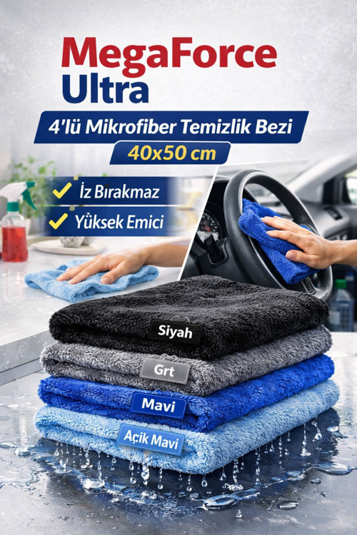 Megaforce Ultra 4'Lü Mikrofiber Temizlik Bezi 40X50 (İz Bırakmaz, Yüksek Emici) Ev Ve Araç İçi