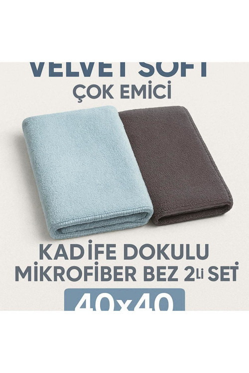 Velvet Soft Süper Emici Kadife Doku Mikrofiber Bez 2'Li Set (Açık Mavi / Gri) 40X40
