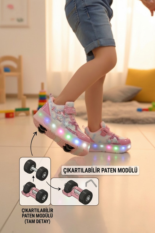 Çocuk Patenli Işıklı Tekerlekli Spor Ayakkabı & Rahat Cırt Cırtlı Kaykay Ayakkabı 4 Tekerli sneaker