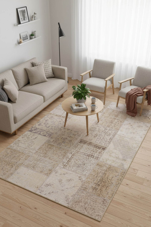 Jazz Patchwork Desenli Dokuma Taban Dekoratif Bej Halı AL 15