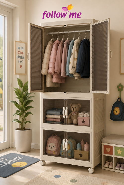 Modüler Çok Amaçlı 3 Katlı Tekerlekli Gardırop 220 Lt