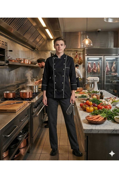 Unisex Aşçı Ceketi Erkek Şef Üniforması Siyah Biyeli