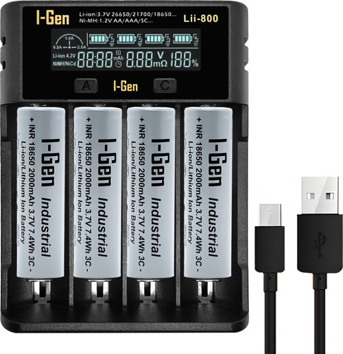 G428 18650 3C Şarjlı Pil 3.7V 2000 Mah 4 Lü Paket + 4 Lü Şarj Aleti (Li800)