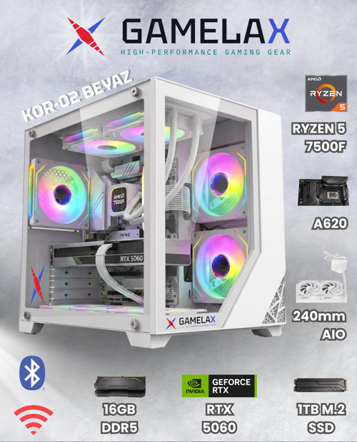 KOR-02 Beyaz AMD Ryzen5 7500F RTX5060 8GB 16GB DDR5 Ram 1TB M.2 SSD 240MM Sıvı Soğutma Wi-Fi