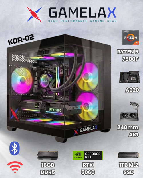 KOR-02 AMD Ryzen5 7500F RTX5060 8GB 16GB DDR5 Ram 1TB M.2 SSD 240MM Sıvı Soğutma Wi-Fi Masaü