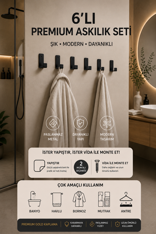 6’lı Metal Yapışkanlı SİYAH RENK Bornoz/Havlu Askısı/MUTFAK Askısı / ÇOK AMAÇLI ASKI / PASLANMAZ 2mm "ÇOK KALIN ASKI"