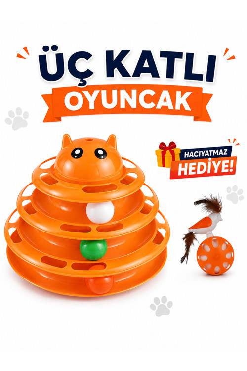Üç Katlı Kedi Oyuncağı + Hacıyatmaz Kuş Hediyeli