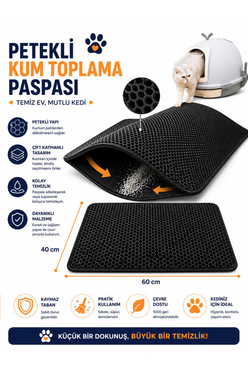 Petekli Kum Toplama Paspası 60x40 cm | Çift Katmanlı Kum Hazneli Kedi Kum Paspası ** Papyon hediyeli