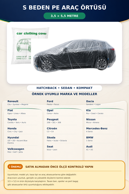 Otomobil Brandası S Beden 3.5x5.5 Metre PE Suya ve UV'ye Dayanıklı Dört Mevsim Koruyucu Araç Örtüsü