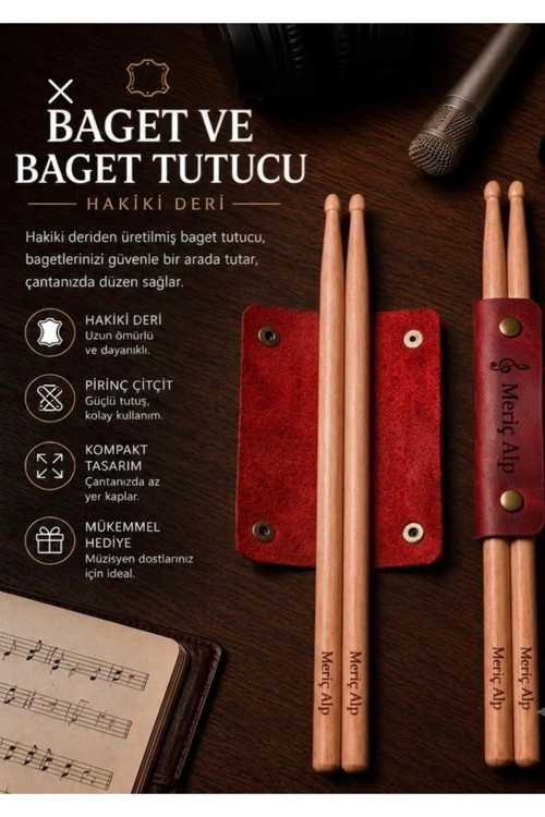 İsme Özel Hakiki Deri Baget Tutucu Ve Baget – Kişiselleştirilebilir Lazer Kazımalı Bateri Seti Kırmızı