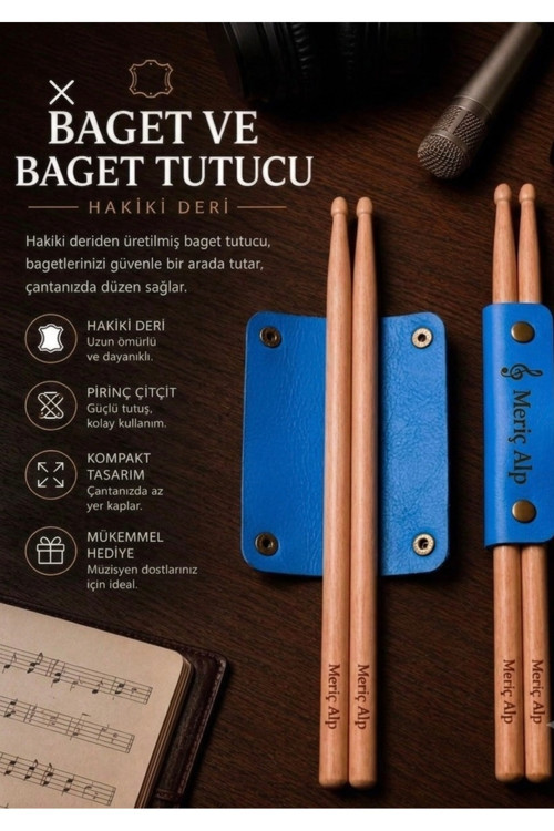 İsme Özel Hakiki Deri Baget Tutucu Ve Baget – Kişiselleştirilebilir Lazer Kazımalı Bateri Seti Mavi