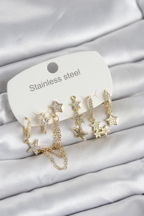 316L Çelik Gold Renk 6'lı Set Zincirli Yıldız Modelli Kadın Küpe 5886 - GGGGGG9991-2801