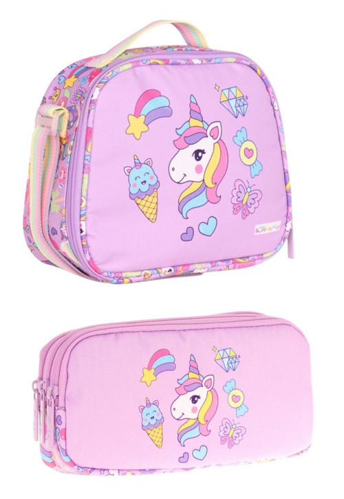 Kids Pembe Sarı Unicorn Desenli Kız Çocuk Beslenme Çantası ve Kalemlik Seti - STKK-L7215-1