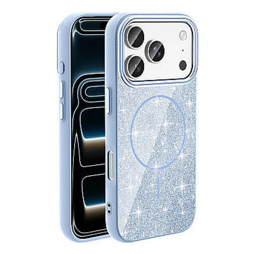 Apple iPhone 18 Pro Max Kılıf M-safe Şarj Özellikli Parlayan Simli Okso Kapak iPhone 18 Pro Max - Açık Mavi