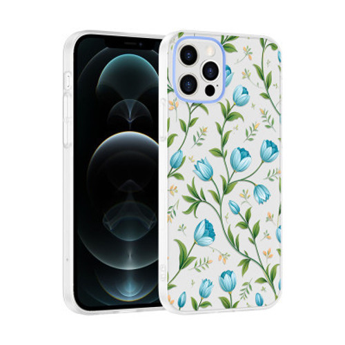 Apple iPhone 12 Kılıf Kamera Korumalı Desenli Klip Kapak iPhone 12 - Mavi Lale
