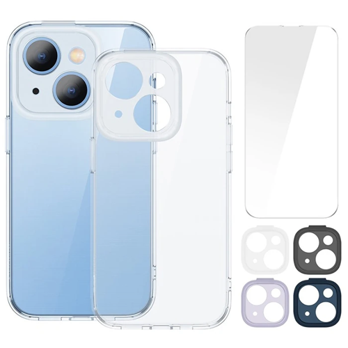 Markasız Ucuz Baseus Illusion Series iPhone 14 Plus 6.7 Silikon Kılıf + Tempered Ekran Koruyucu + 4x Kamera Koruyu-(5775)