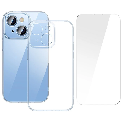 Markasız Ucuz Baseus iPhone 15 Crystal Serisi Silikon Kılıf + Tempered Ekran Koruyucu Set-(5775)