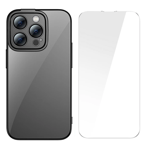 Markasız Ucuz Baseus Glitter iPhone 14 Pro Max 6.7 Renkli Kenar Silikon Kılıf + Tempered Ekran Koruyucu Set-(5775)