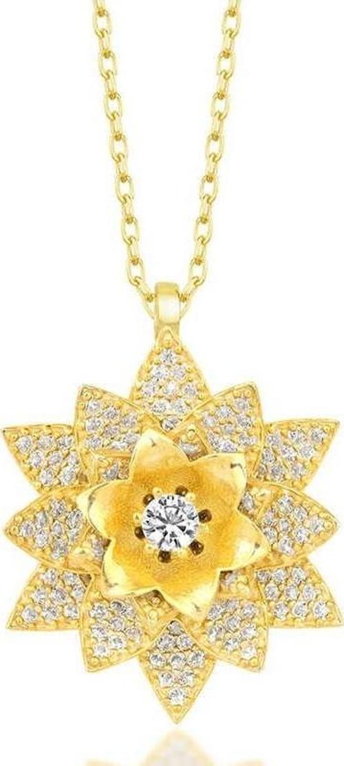 Gümüş Gold Beyaz Taşlı Lotus Çiçeği Kadın Kolye