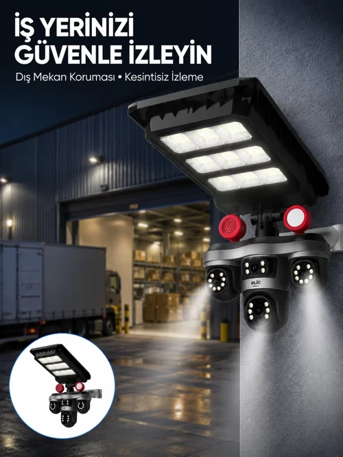 Markasız Ucuz Solar Panelli 3 Lens Dış Mekan Güvenlik Kamerası Hareket Algılamalı LED Aydınlatmalı