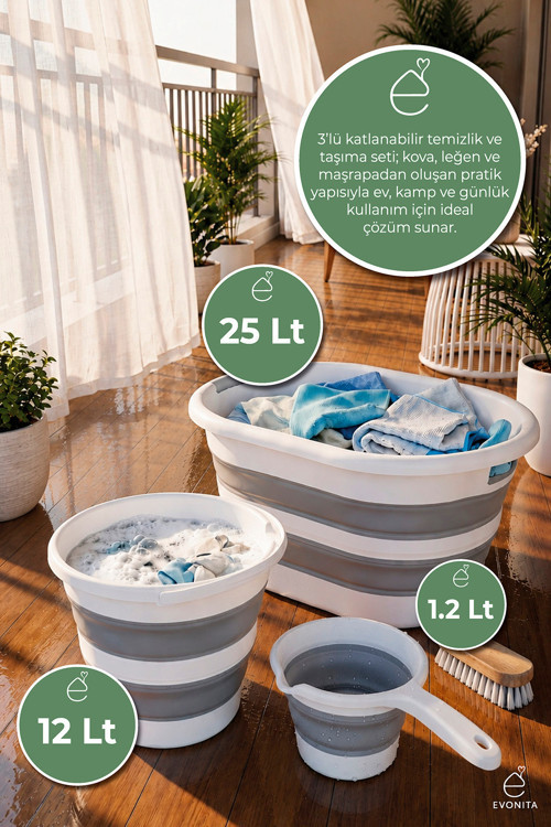 3lü Katlanabilir Çamaşır Sepeti Seti Katlanır Kova Maşrapa Akordiyon Banyo Temizlik Seti