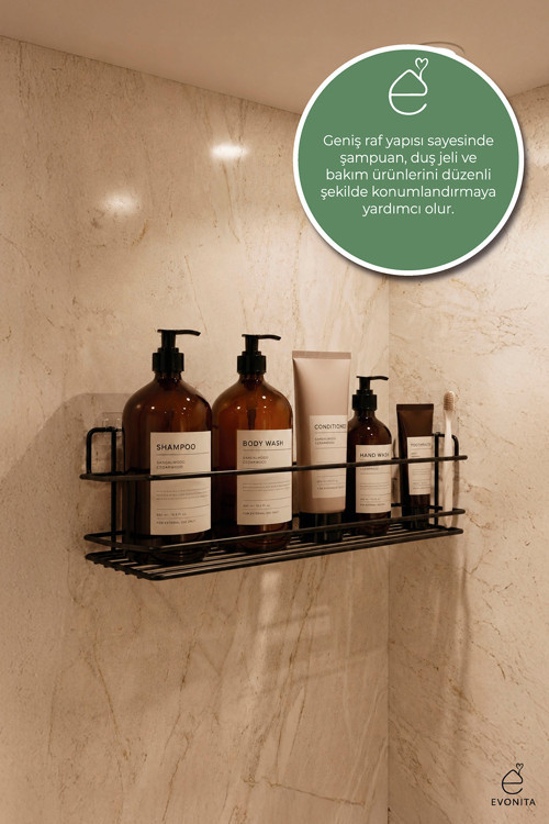 Yapışkanlı Banyo Rafı Duş Şampuanlık Metal Siyah Organizer Delmeden Montaj Duvar Rafı