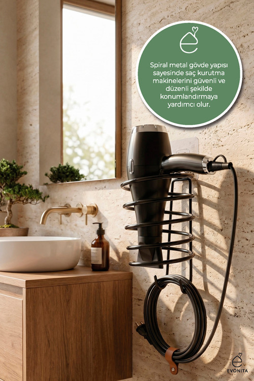 Yapışkanlı Saç Kurutma Makinesi Askısı Mat Siyah Metal Fönlük Delmeden Montaj Banyo Organizer