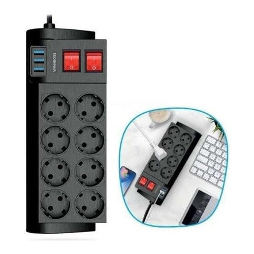 Winboss Isıya Dayanıklı Termal Akım Korumalı 2 Metre 16A 4000 W 8'Li Priz Ve 3 Usb Uzatma Kablosu