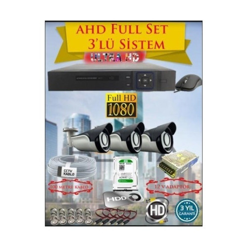 2Mp Ahd 1080P Gece Görüşlü 3 Kameralı Güvenlik Sistemi ( 500Gb Hdd )