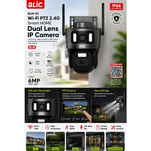 6Mp Çift Lens Wifi Ptz Ip Güvenlik Kamerası | 2.4Ghz Kablosuz | 355° Dönebilen | Ip66 Dış Mekan | Insan Takibi | Gece Görüşü