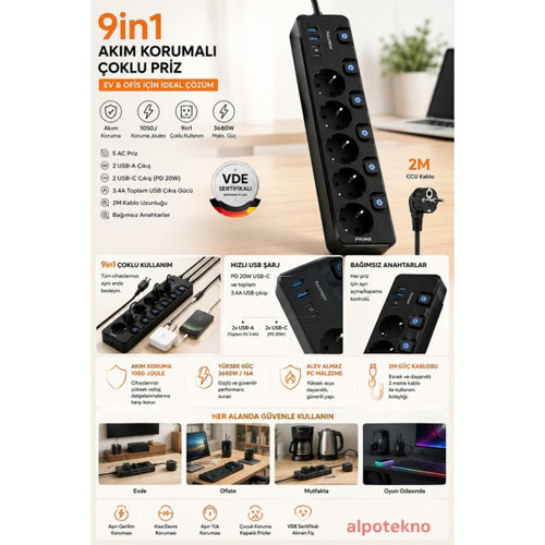 9'U 1 Arada Akım Korumalı 5'Li Grup Priz | 2X Usb-C Pd 20W + 2X Usb-A | 3680W 16A | 1050 Joule | 2 Metre Ccu Kablo | Bağımsız Anahtarlı