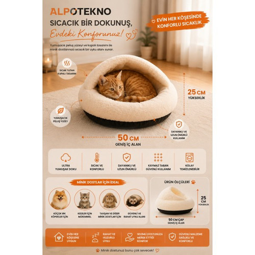 50X25 Cm Yarı Açık Peluş Kedi Ve Köpek Yatağı Kaymaz Tabanlı Tüylü Pet Pufu Mağara Tipi Uyku Minderi