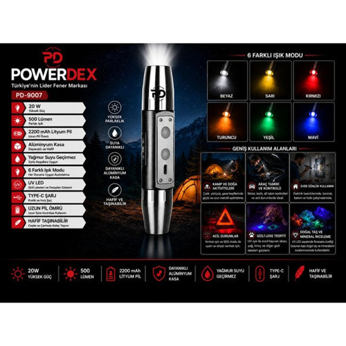 Pd-9007 Şarjlı El Feneri 20W 500 Lümen 2200Mah Alüminyum Kasa Type-C Şarjlı Uv Led 6 Işık Modu