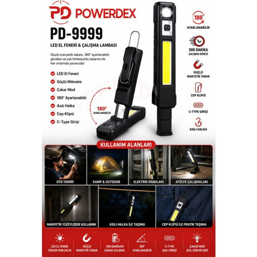 Pd-9999 Şarjlı Led Çalışma Lambası | 180° Ayarlanabilir | Cob + Led El Feneri | Mıknatıslı | Type-C Şarjlı | Cep Klipsli