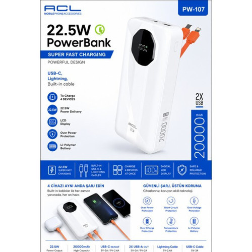 Pw-107 20000 Mah 22.5W Hızlı Şarj Powerbank | Dahili Usb-C & Lightning Kablolu | Lcd Ekran | Pd Hızlı Şarj | 2 Usb Çıkışlı Taşınabilir Şarj Cihazı Siyah