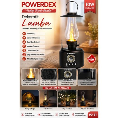 Pd-81 Dekoratif Led Lamba Bluetooth Hoparlör 10W Şarjlı Lityum Bataryalı Nostaljik Masa Lambası