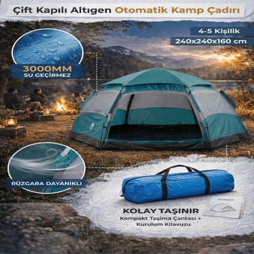 4 Kişilik Otomatik Kamp Çadırı – Altıgen Tasarım, Çift Kapılı, Suya Dayanıklı, Hızlı Kurulumlu Geniş Aile Outdoor Çadırı 240X240X160 Cm