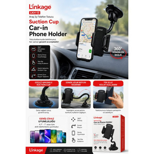 Lkh-13 Vakumlu Araç Içi Telefon Tutucu Ön Cam Torpido Uyumlu 360° Döner Esnek Uzun Boyunlu Telefon Standı