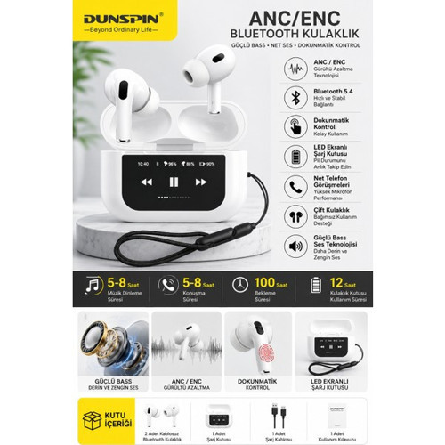 Dunspın Anc/Enc Bluetooth Kulaklık Kablosuz Tws Dokunmatik Gürültü Engelleme Şarj Göstergeli