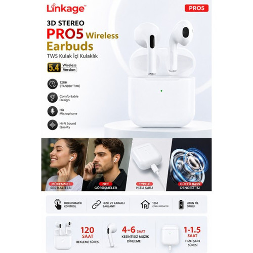 Pro5 Bluetooth 5.4 Tws Kablosuz Kulak Içi Kulaklık Hd Mikrofonlu Şarj Kutulu Beyaz