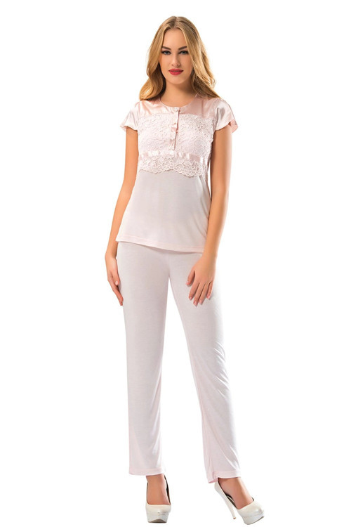 #PijamaTakımı Likralı Çeyizlik Rahat Esnek Kaliteli Şık Kadın Pudra Penye Pijama Takımı